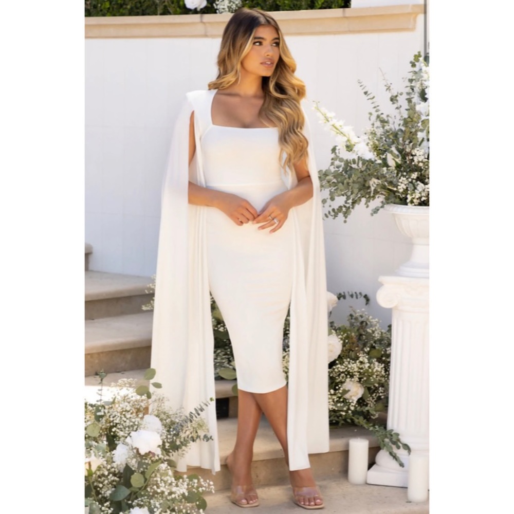 Ivory pencil dress with cape sleeves, size US16 or UK20